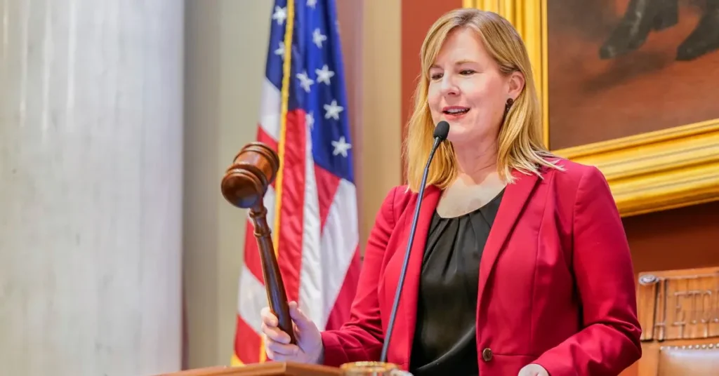 Melissa Hortman addressing a bipartisan press conference with fellow lawmakers