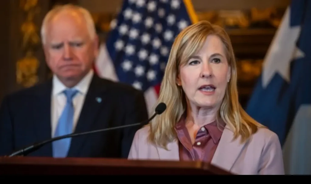 Melissa Hortman at a clean energy law signing ceremony promoting solar energy in Minnesota